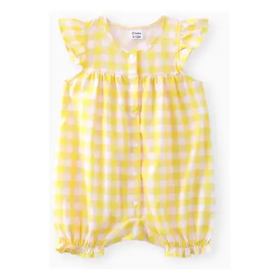 Baby Girl Allover Yellow Plaid/Lemon Print Flutter-sleeve Snap Romper