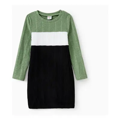 Family Matching Sets Green Color Block Long Sleeves Ribbed Tops/Dress/Romper