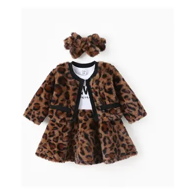 3pcs Baby Girl 95% Cotton Long-sleeve Letter Print Splice Leopard Fleece Dress and Cardigan with