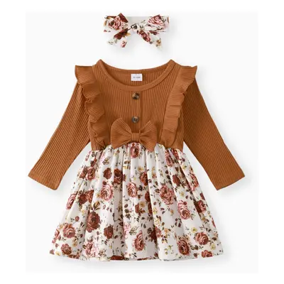 2pcs Baby 95% Cotton Ribbed Long-sleeve Ruffle Bowknot Splicing Floral Print Dress with Headband