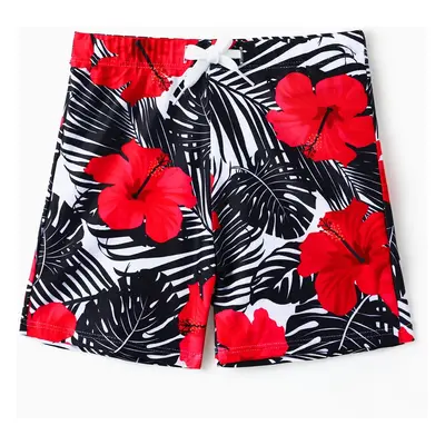 Family Matching Drawstring Swim Trunks or Red Floral Cut Out Ruffle One-Piece Swimsuit