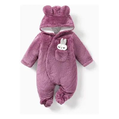 Solid Rabbit Decor Fleece Hooded Footed/footie Long-sleeve Baby Jumpsuit