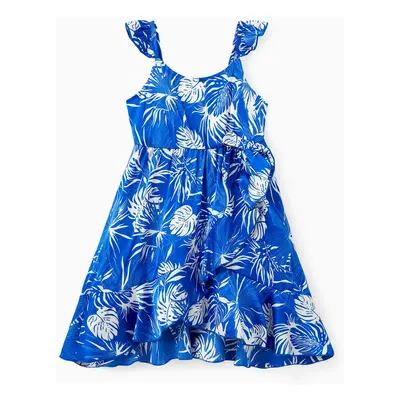 Family Matching Sets Blue Leaf Pattern Shirt or Wrap Bottom Belted Satin Slip Dress Sets