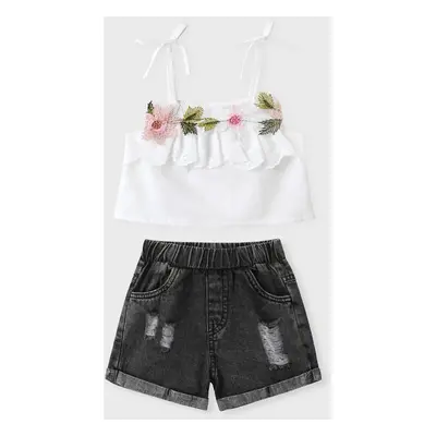 2pcs Baby Girl 100% Cotton Floral Design Cami Top and Ripped Denim Shorts Set