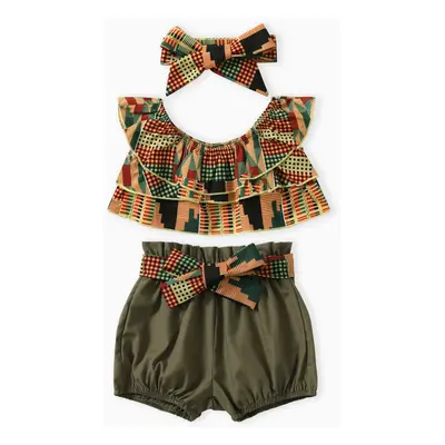 Sweet 4pcs Baby Girl Set with Geometric Pattern and Ruffle Edge, Cotton and Polyester Blend