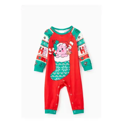 Care Bear Family matching Christmas Santa Hat Snowflake Print Colorblock Pajamas Set(Flame Resis