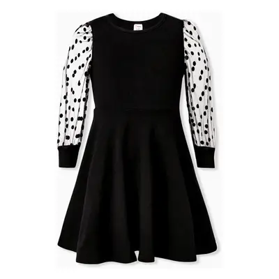 Mommy and Me Black Long Mesh Sleeves Cotton Bodycon Dresses