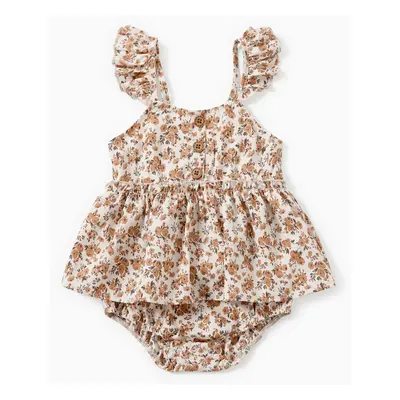 Mommy and Me Beige Ditsy Floral Patterned Shirred Top Button Front Strap Dress