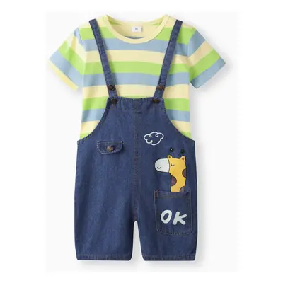 2pcs Baby Boy/Girl 95% Cotton Short-sleeve Striped Tee and Cartoon Giraffe Print Denim Overalls 