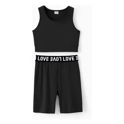 2pcs Kid Girl Solid Color Tank Top and Letter Print Shorts Sporty Set