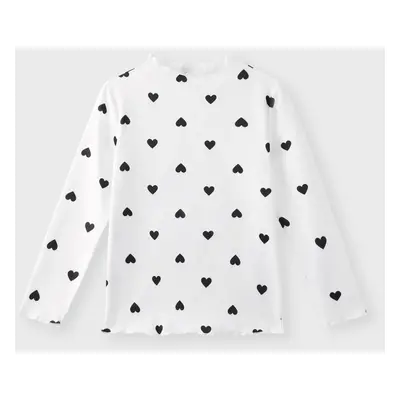 Girl's Long-sleeve Tee with Heart Print (Lettuce Trim Mock Neck)