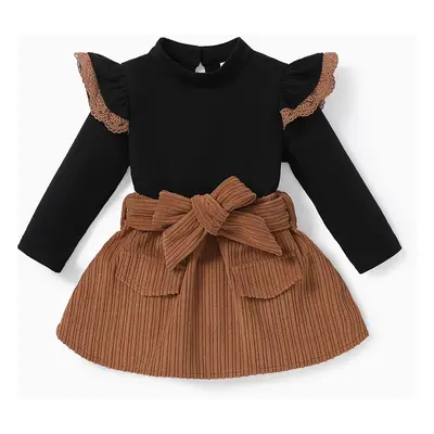 2PCS Baby Girl Solid Color Long Sleeve Lace Top/Belt Dress Set