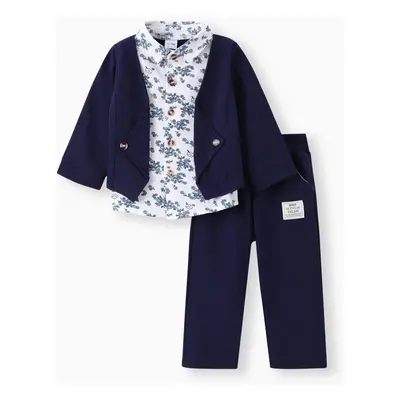 2pcs Baby Boy 95% Cotton Long-sleeve Faux-two Floral Print Top and Pants Set