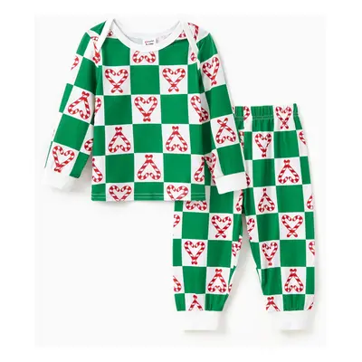 Christmas Family Matching Green&White Checkered Plaid Candy Heart Design Collared Pajamas Sets