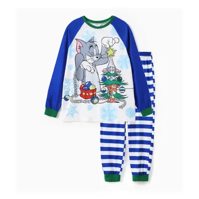 Tom and Jerry Family matching Christmas Striped Print Colorblock Long-sleeve Pajamas Set (Flame 