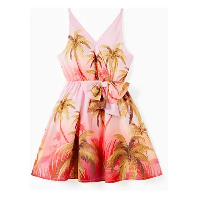 Family Matching Beach Shirt and Pink Tropical Plant Floral V Neck Bow Side Dress Sets