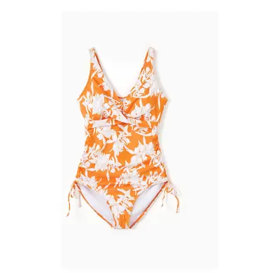 Family Matching Orange Floral Drawstring Swim Trunks or Cross Front Drawstring Sides One-Piece S