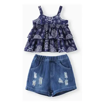 2pcs Toddler Girl Boho Ripped Denim Shorts and Exotic Graphic Camisole Set