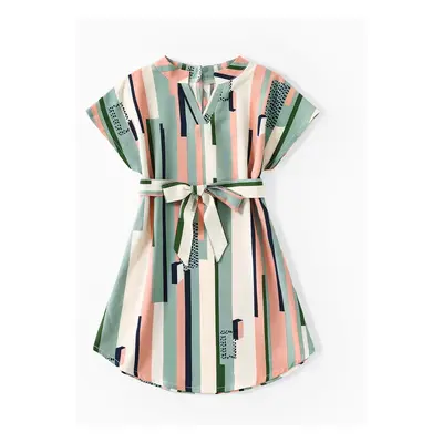 Family Matching Geometric Striped V Neck Drop Shoulder Belted Dresses and Colorblock Short-sleev