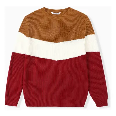 Family Matching Long Sleeves Three-Color Block Knitwear Sweater