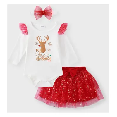 Christmas 3pcs Baby Girl Reindeer & Letter Print Ruffle Long-sleeve Romper and Glitter Mesh Skir