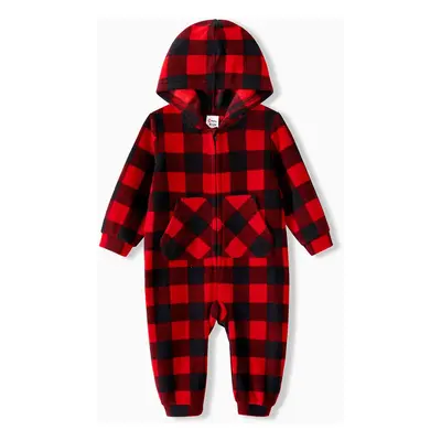 Christmas Family Matching Red Plaid Hooded Long-sleeve Thickened Polar Fleece Zipper Onesies Paj