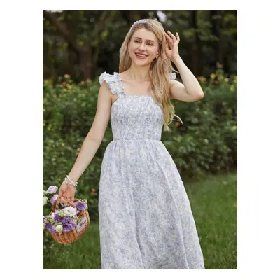 Mommy and Me Ditsy Flower Floral Square Neck Shirred Bodice Strap Tiered Dress