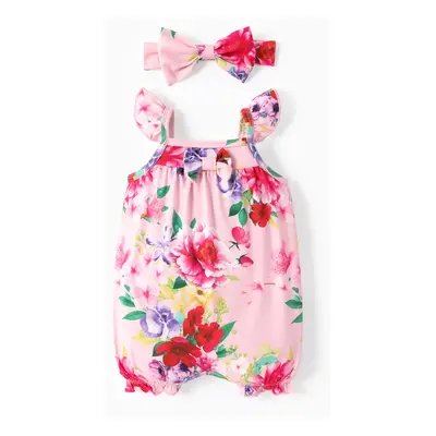 Baby Girl 2pcs Floral Pattern Flutter-sleeve Romper with Headband