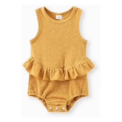 Baby Girl Solid Ribbed Ruffle Trim Tank Romper