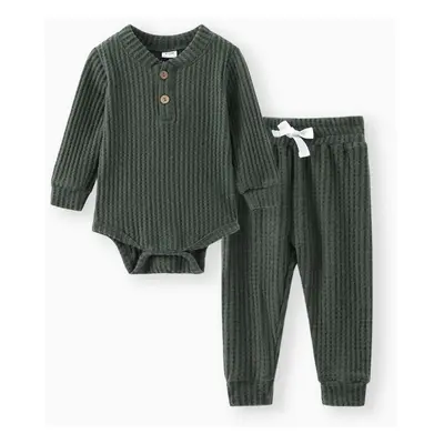 2pcs Solid Waffle Long-sleeve Baby Set