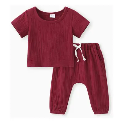 Crepe 2pcs Solid Short-sleeve Baby Set