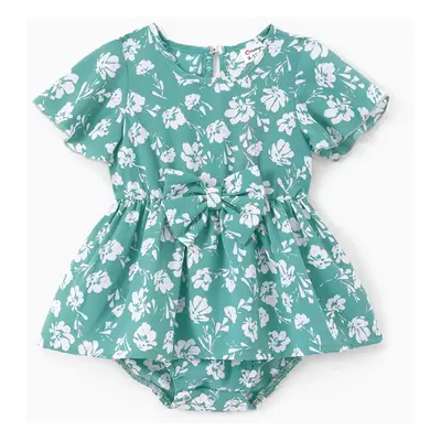 Mommy and Me Ruffle Sleeves Belted Blue Ditsy Floral Pattern Tiered Dress with Hidden Snap