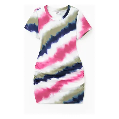 Family Matching Sets Multi-Color Tie-Dye Diagonal Striped Tee or Drawstring Body-con Short Sleev