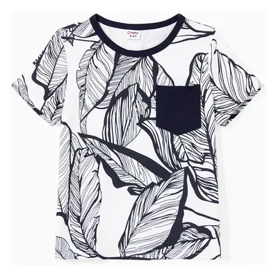 Family Matching Color Block Tee and Tropical Leaf Pattern Button Front Strap 100% Cotton Midi Dr