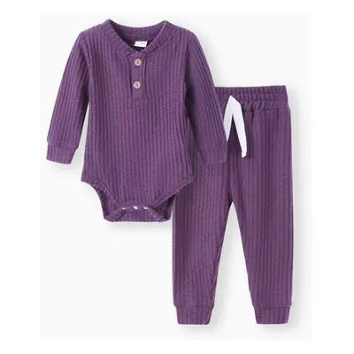 2pcs Solid Waffle Long-sleeve Baby Set