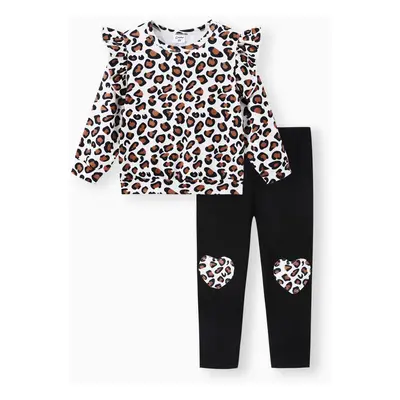 2-piece Toddler Girl Leopard Print Flutter Long-sleeve Top and Heart Pattern Pants Set