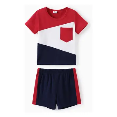 2-piece Toddler Boy Colorblock Pocket Design Tee and Elasticized Shorts Set