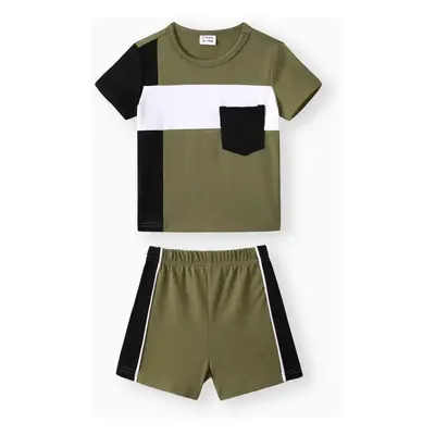 2pcs Baby Boy 95% Cotton Short-sleeve Colorblock T-shirt and Shorts Set