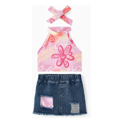 Toddler Girl 3pcs Tie-dye Print Halterneck Camisole and Ripped Denim Shorts with Belt Set