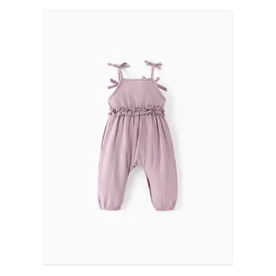 Baby Girl 100% Cotton Crepe Bow Decor Solid Cami Jumpsuit