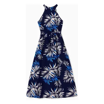 Family Matching Leaf Print Beach Shirt and High Neck Halter A-Line Maxi Dress Sets