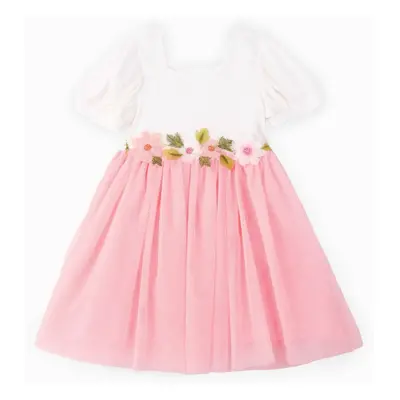 Toddler Girl Sweet Floral Design Mesh Splice Puff-sleeve Dress