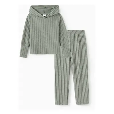 Family Matching Two-Piece Ribbed Knit Grayish Green Hooded Sets with Drawstring