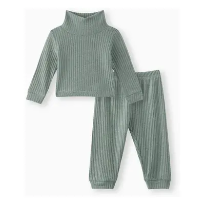 2pcs Baby Girl Solid Rib Knit Turtleneck Long-sleeve Set