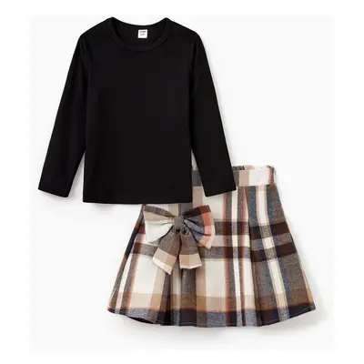 Mommy and Me Black Long Sleeves Top Khaki Plaid Pleated Skirt Co-ord Sets