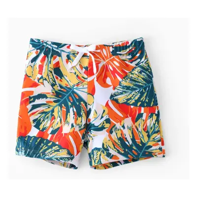 Family Matching Orange and All Over Tropical Plant Print Splicing Ruffle One-Piece Swimsuit and 