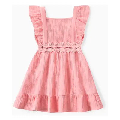 Family Matching Plaid Shirt and Pink Cotton Shirred Back Flutter Strap Dress Sets