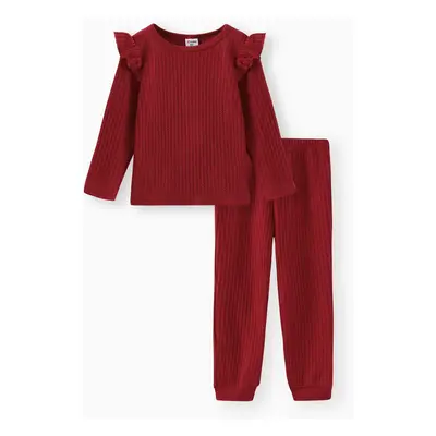 2-piece Toddler Girl Ruffled Textured Long-sleeve Top and Solid Color Pants Set