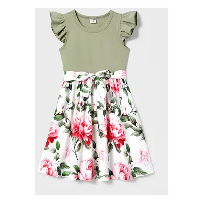 Matching Family Raglan-Sleeve T-shirt and Flutter Shoulder Floral Dress Sets