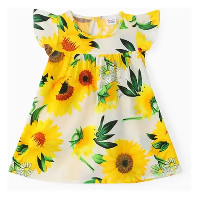 Baby Girl 100% Cotton Cotton Sunflower Print Flutter-sleeve Dress